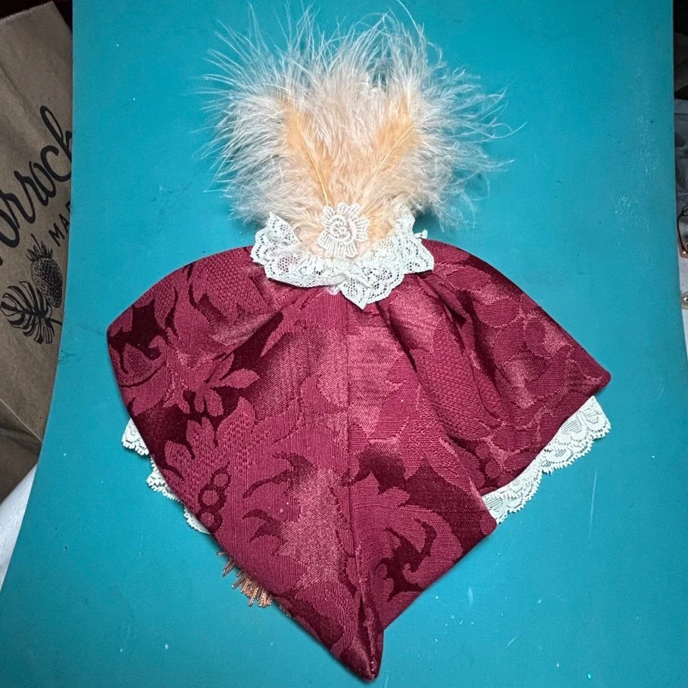 Burgundy Damask Lace Feather Victorian Tassel Doll 11in